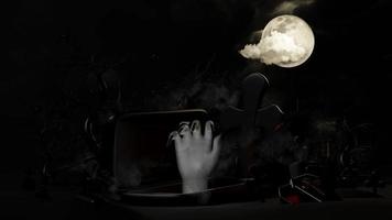 3D-Animationsfriedhof-Halloween-Feiertagsparty mit der Hand eines Untoten, Spukschloss, Vollmond, fliegende Fledermäuse, Grab, Gräber, Nebel, unter dem Mondlicht für fröhliches Halloween, Horror an Halloween, 3D-Darstellung video