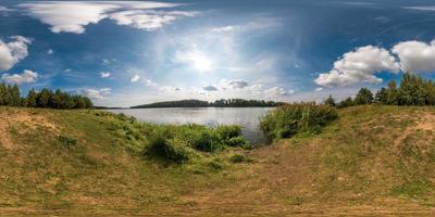 full seamless spherical panorama 360 by 180 angle view on the shore of width river neman in sunny summer day in equirectangular projection, ready VR virtual reality content photo