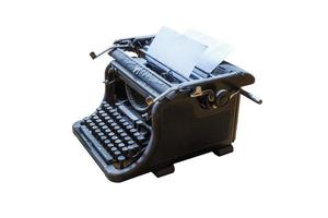 old vintage dust-covered typewriter with sheet of paper isolated on white background photo