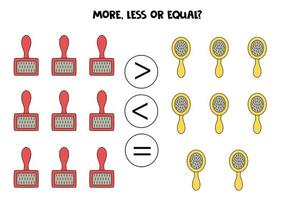 More, less, equal with cute pet combs. vector