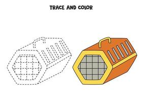 Trace and color cute hand drawn cat carrier. Worksheet for children. vector