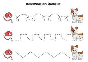 Tracing lines for kids. Cute dog and leash. Writing practice. vector