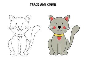 Trace and color cute hand drawn cat. Worksheet for children. vector