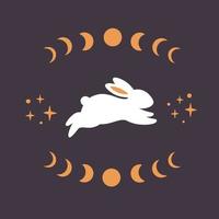 Cute white rabbit with astrological, esoteric elements. Moon phases, stars, magic. Year of the Rabbit vector