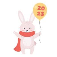 Cute white bunny in scarf wishes a Happy New Year 2023. Year of the Rabbit. Winter holidays. vector