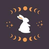 Cute white rabbit with astrological, esoteric elements. Moon phases, stars, magic. Year of the Rabbit vector