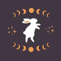 Cute white rabbit with astrological, esoteric elements. Moon phases, stars, magic. Year of the Rabbit vector