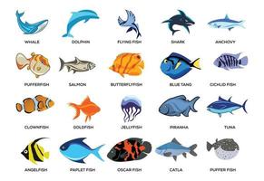 conjunto de iconos de pescado. conjunto plano de ilustraciones de vectores de peces aisladas en fondo blanco
