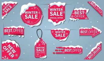 colección de conjunto de etiquetas de venta de invierno. etiquetas de venta, cinta roja de descuento, etiquetas de compras vector