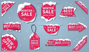 Winter sale label set collection. Sales tags, discount red ribbon, shopping tags vector