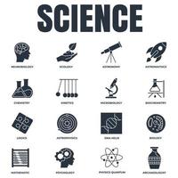 conjunto de ilustración de vector de logotipo de icono de ciencia. biología, química, neurobiología, física, microbiología, lógica, astronomía y más plantilla de símbolo de paquete para la colección de diseño gráfico y web