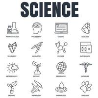 Set of Science icon logo vector illustration. meteorology, medicine, geometry, gemology, botany, zoology, philosophy and more pack symbol template for graphic and web design collection