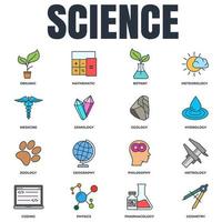 conjunto de ilustración de vector de logotipo de icono de ciencia. meteorología, medicina, geometría, gemología, botánica, zoología, filosofía y más plantilla de símbolo de paquete para la colección de diseño gráfico y web