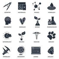 Set of Science icon logo vector illustration. meteorology, medicine, geometry, gemology, botany, zoology, philosophy and more pack symbol template for graphic and web design collection