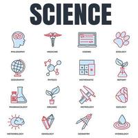 conjunto de ilustración de vector de logotipo de icono de ciencia. biología, química, neurobiología, física, microbiología, lógica, astronomía y más plantilla de símbolo de paquete para la colección de diseño gráfico y web