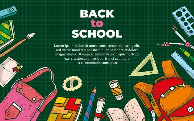Back to school banner with stationary cartoon illustration