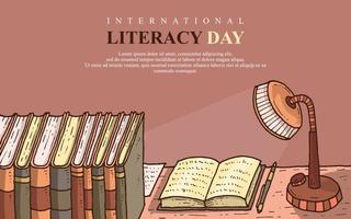 cartel del día internacional de la alfabetización con la ilustración del libro y la lámpara vector
