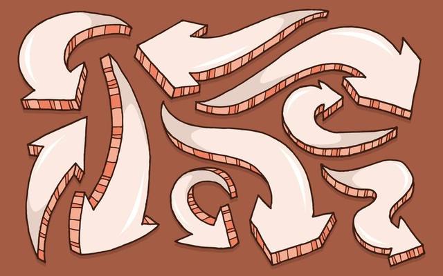 Hand drawn 3d arrows set with variant shape on brown background.