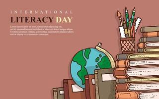 cartel del día internacional de la alfabetización con la ilustración del libro y del globo terráqueo vector