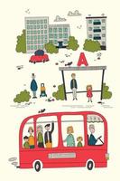 Cityscape with bus, bus stop. Passengers at the bus stop and on the bus. Doodle hand drawn. vector