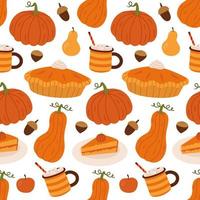 Autumn seamless pattern with pies, cocoa, pumpkins,  leaves, nuts and acorns. Bright repeating texture. Wrapping paper. Autumn harvest. vector