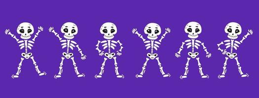 divertidos esqueletos de baile en estilo de dibujos animados dibujados a mano. día de muertos, ilustración de vector de concepto de halloween.