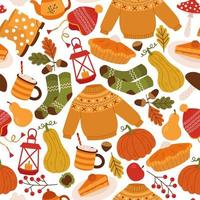 Vector seamless background with cozy elements. Autumn pattern with sweater, socks, pie, cocoa, pumpkins, teapot, leaves and acorns. Bright repeating texture. Wrapping paper.