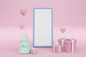 3D smartphone White screen mockup with gift box and heart pink background, mobile phone 3d render illustration photo