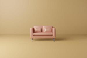 Rose gold Sofa 3D illustration, Empty 2 seats luxury sofa in yellow room background photo