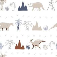 Jurassic dinosaurs travel between palm trees and volcanoes in the prehistoric era. Vector seamless pattern with wild animals and nature on a white background