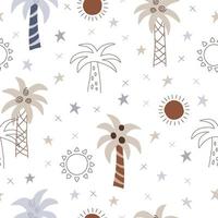 Nordic hand drawn print with palm and sun on white background. Seamless vector pattern for kids apparel or nursery