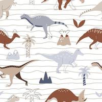 Childish seamless pattern with hand drawn dinosaurs, palm trees, and volcanoes in scandinavian style. Creative vector childish background for fabric, textile