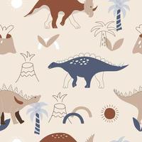 Childish print with hand drawn dinosaur Wuerhosaurus, Kentrosaurus, and Xenoceratops. Cute seamless pattern for wallpaper vector