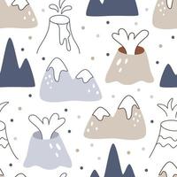 Scandinavian seamless pattern with mountains and volcanoes on a white background. Nordic repeating print for children clothing or wallpaper vector