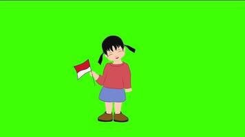 Animated a cute girl bring indonesian flag video