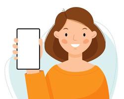 A cute girl holds a phone in her hands. The woman shows an empty phone and smiling. Vector flat illustration
