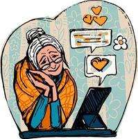 dibujo vejez y artilugios. la anciana está feliz de comunicarse a través de la computadora. vector