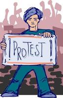 A drawing in blue ink of a young man who came out to protest in defense of something. vector