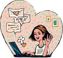 A drawing of a girl who communicates through a computer, waving her hand to an opponent via video link. vector