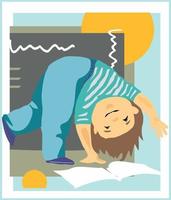 Picture of a student at school.Take a break from the lesson to do physical exercises. A little student is trying to do a somersault, next to a notebook. vector