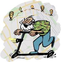 Old age and gadgets. The old man, as fervently as a young man, rushes on a scooter to the destinations in the navigator map. vector