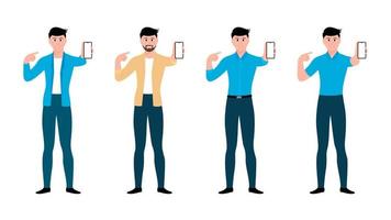 Man showing mobile screen, flat character vector illustration set.