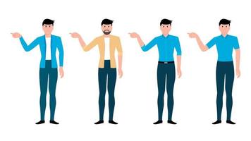 Man pointing at side with index finger, flat character vector illustration set.