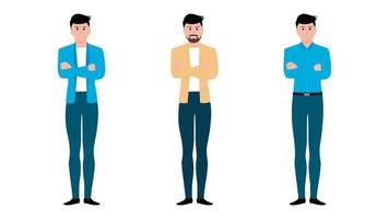 men in folded arm pose, men in crossed arm pose flat character illustration. flat hand gesture vector