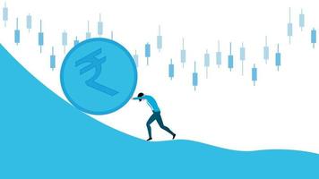 Man pushing INR coin upwards, market crisis character vector. vector