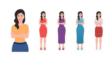 Happy women in folded arm pose, beautiful women arm crossed flat character vector set