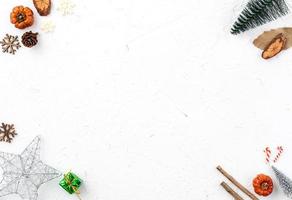 Top view of Christmas holiday background. Composition of festive ornament decor flatlay. photo