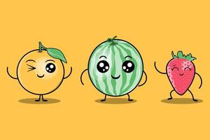 cute colorfull kawaii fruits cartoon characters vector set with many expression