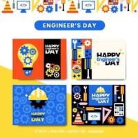 Happy engineer's day vector collection set with toolset, monitor, helmet, screwdriver for poster background