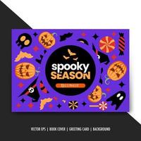 Happy halloween simple greeting card wih witch hat, pumpkin, candy isolated vector